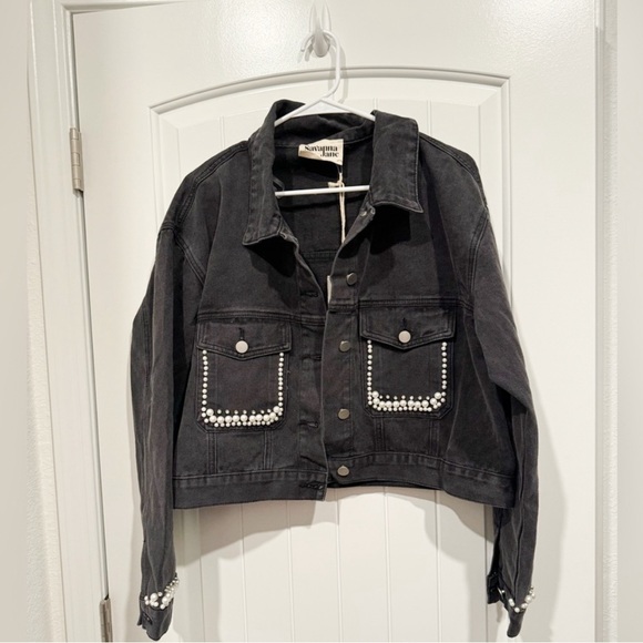 Savanna Jane gray cropped jean jacket with pearls NWT size large - Picture 1 of 9